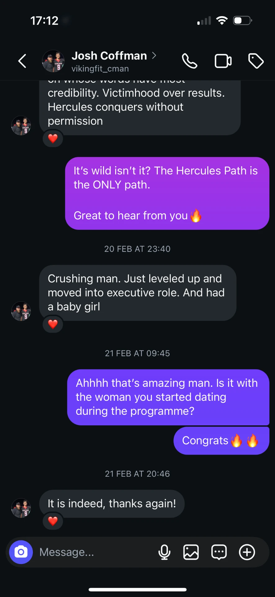 Josh: executive role, a baby girl — with the woman he met during the programme